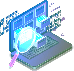 Ilustração de um notebook com uma lupa e códigos em volta